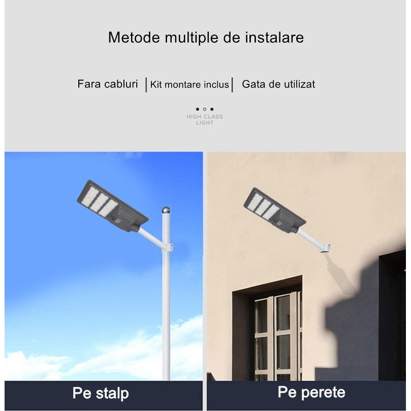 Lampa Solara Stradala 500W cu 510 LED SMD, Senzor de Lumina si Telecomanda, Protectie IP65, Flux Luminos 5000 lm, Autonomie 12-16 Ore, Panou Solar 53W, Material ABS, 91.6 x 36.5 cm, Gri