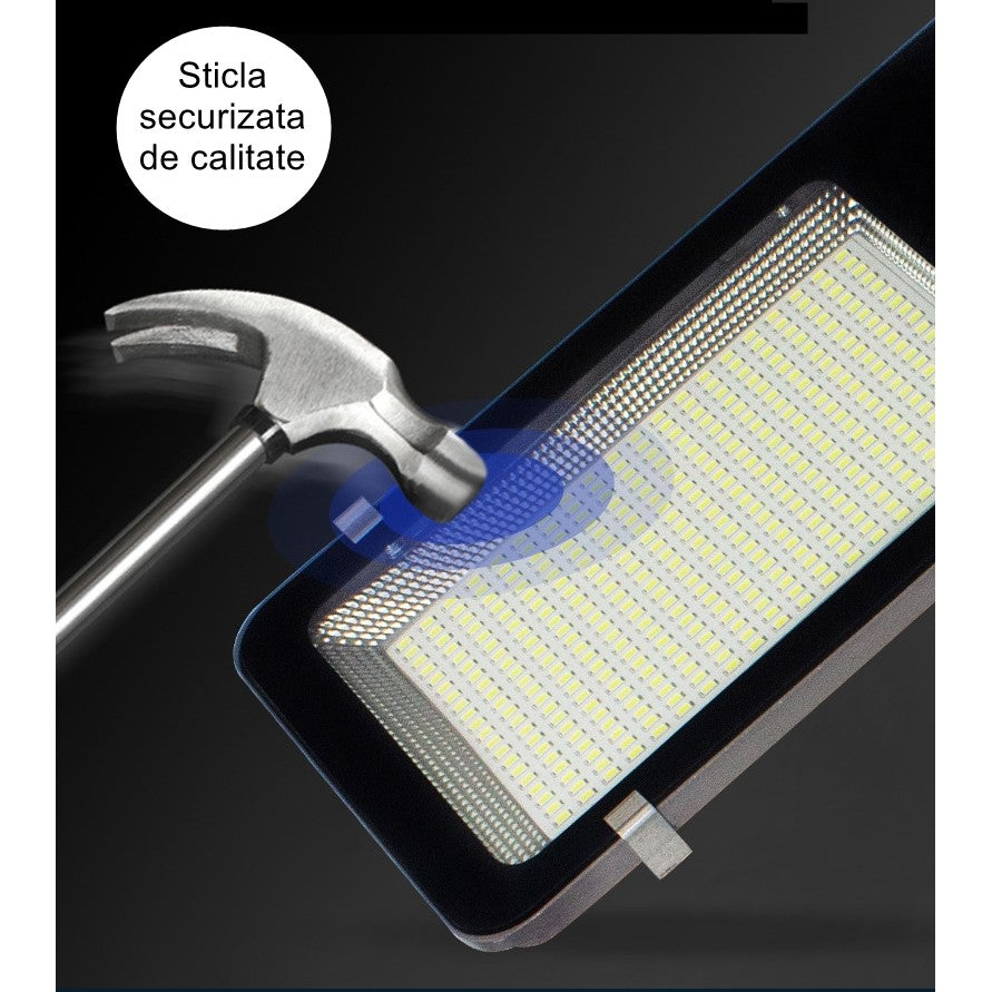 Lampa Solara Stradala 500W, Senzor Lumina si 616 LED-uri, Autonomie 10 Ore, Protectie IP65, Baterie Litiu 4000 mAh, Lumina Rece, 49.5 x 21 x 9 cm, Negru