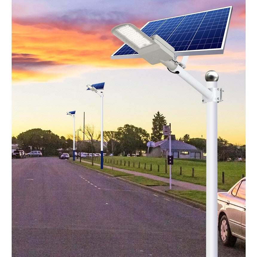 Lampa Solara Stradala 200W, 60 LED SMD, Senzor Lumina si Telecomanda, IP65, 2250 lm, Panou 25W, Autonomie 12-16 Ore, Material ABS, 51.5 x 21 x 7.5 cm, Gri