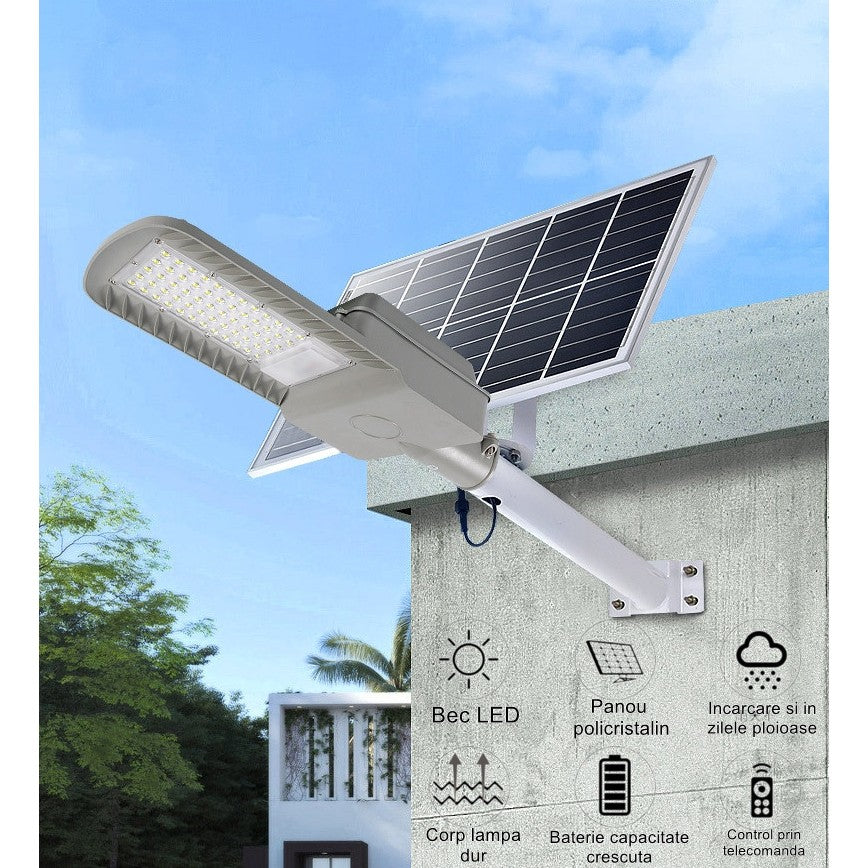 Lampa Solara Stradala 200W, 60 LED SMD, Senzor Lumina si Telecomanda, IP65, 2250 lm, Panou 25W, Autonomie 12-16 Ore, Material ABS, 51.5 x 21 x 7.5 cm, Gri