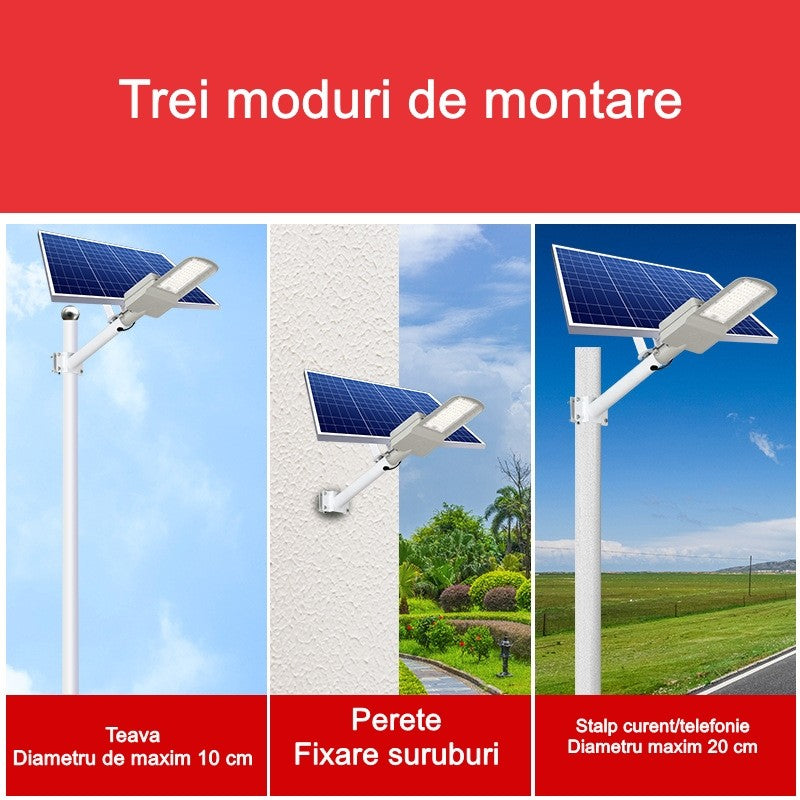Lampa Solara Stradala 200W, 60 LED SMD, Senzor Lumina si Telecomanda, IP65, 2250 lm, Panou 25W, Autonomie 12-16 Ore, Material ABS, 51.5 x 21 x 7.5 cm, Gri
