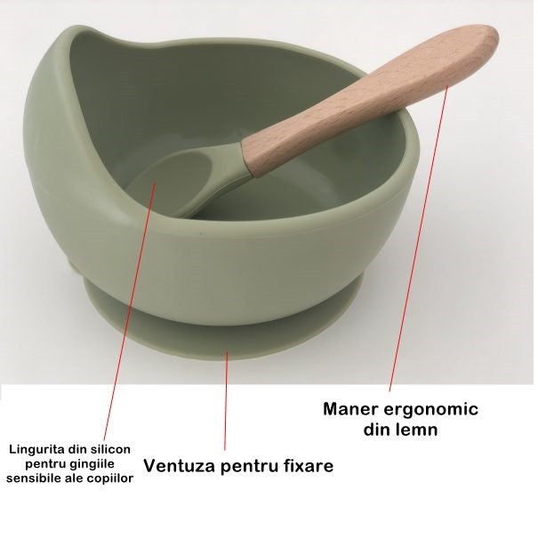 Set Diversificare Bebelusi si Copii, 8 Piese din Silicon Alimentar cu Ventuza, Farfurie Compartimentata, Bol, Baveta, Tacamuri Lemn, Cana Gustari, Fara BPA, Verde Inchis