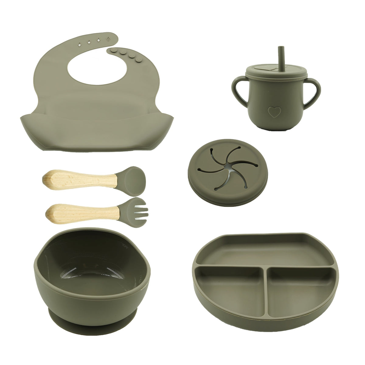 Set Diversificare Bebelusi si Copii, 8 Piese din Silicon Alimentar cu Ventuza, Farfurie Compartimentata, Bol, Baveta, Tacamuri Lemn, Cana Gustari, Fara BPA, Verde Inchis