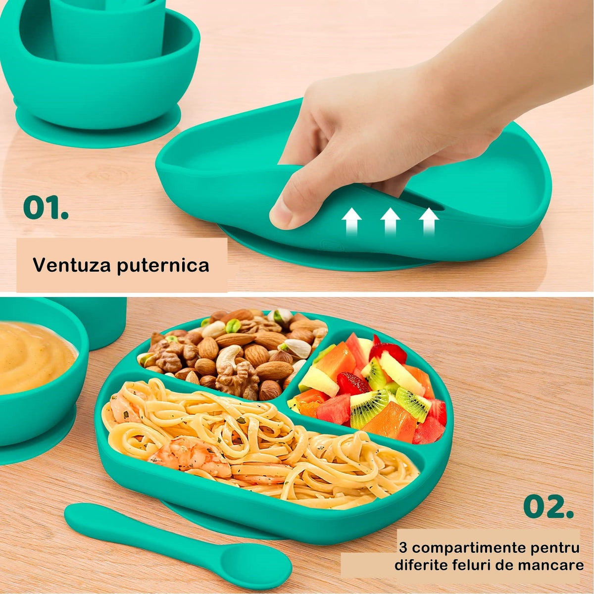 Set Diversificare Bebelusi si Copii, 5 Piese din Silicon Alimentar, Farfurie si Bol cu Ventuza, Baveta, Tacamuri, Fara BPA, Verde