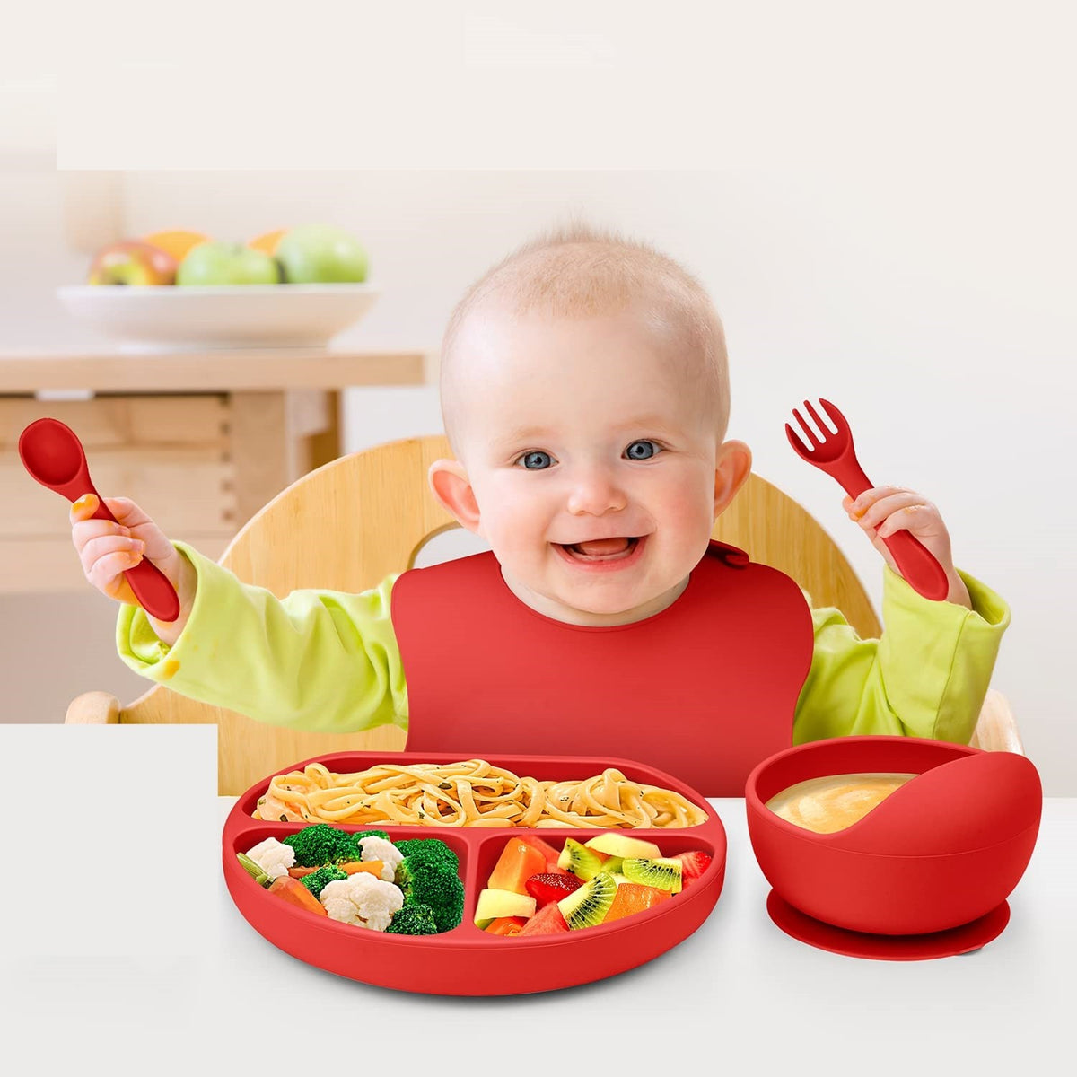 Set Diversificare Bebelusi din Silicon Alimentar, Farfurie si Bol cu Ventuza Antiderapanta, Baveta Reglabila, Tacamuri Incluse, Fara BPA, 5 Piese, Rosu