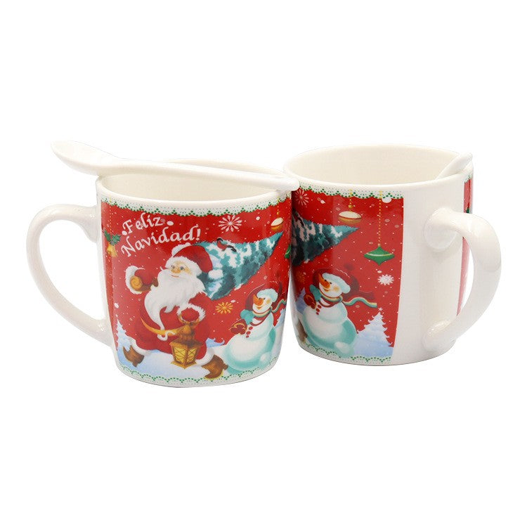 Set Cana Cafea și Ceai cu Linguriță, Model Moș Crăciun, Ceramică, 200 ml, Roșu