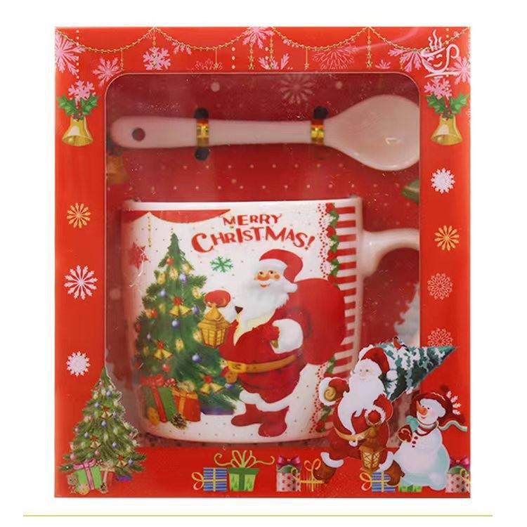 Cana de Craciun cu Lingurita, Set Cana Ceramica Tematica Mos Craciun si Brad, Ideala pentru Ceai si Cafea, Alb, 200 ml