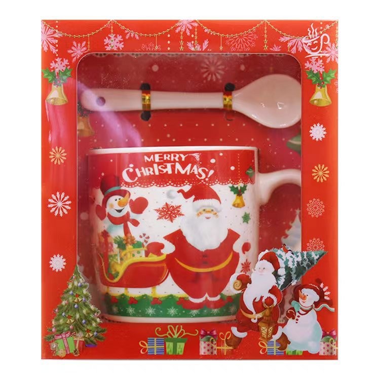 Set Cana Craciun cu Lingurita, Model Mos Craciun cu Sanie, Ceramica, 200 ml, Multicolor