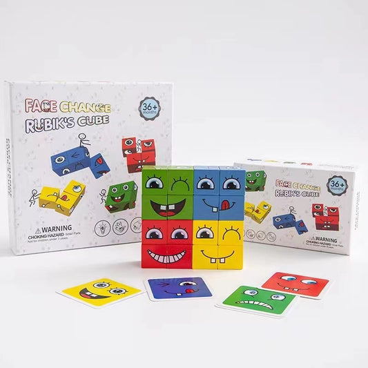 Jucarie Montessori Cub din Lemn pentru Asamblare Expressii Faciale, Joc Educativ de Logica si Coordonare Ochi-Mana, 64 Carti de Joc Incluse, Varsta 3+ Ani, Multicolor
