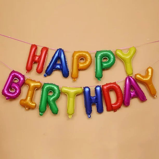 Set Baloane Aniversare Happy Birthday, Litere din Folie Metalizata pentru Petrecere, Umflare Aer sau Heliu, Include Pai, 40 cm, Multicolor