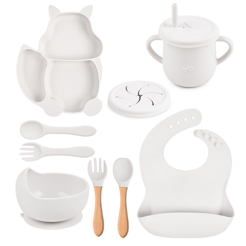 Set Diversificare Bebelusi din Silicon, Farfurie si Bol cu Ventuza, Tacamuri Lemn, Cana Gustari si Baveta, Fara Alergeni, 10 Piese, Alb