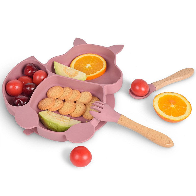 Set Diversificare Bebelusi, Farfurie si Bol cu Ventuza, Cana Gustari, Tacamuri Lemn si Baveta, Silicon Alimentar Fara Alergeni, 10 Piese, Roz Pudrat