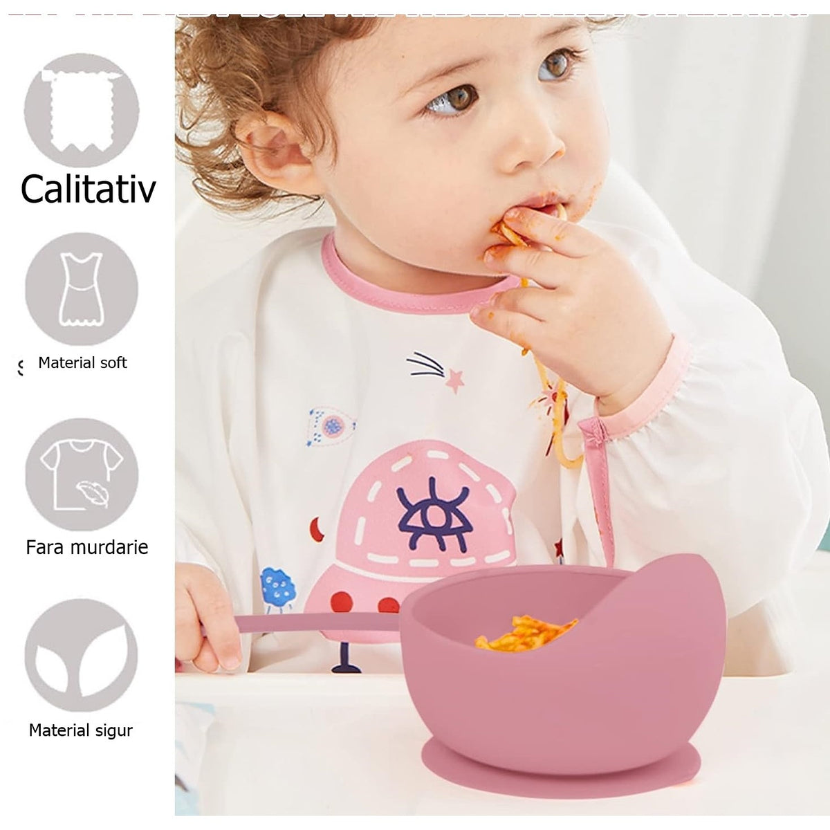 Set Diversificare Bebelusi, Farfurie si Bol cu Ventuza, Cana Gustari, Tacamuri Lemn si Baveta, Silicon Alimentar Fara Alergeni, 10 Piese, Roz Pudrat