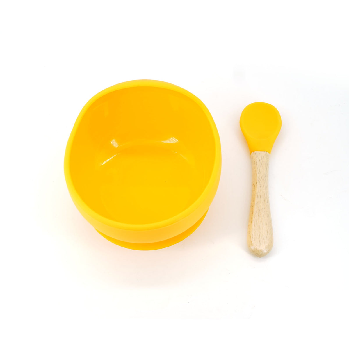 Set Diversificare Bebelusi, Bol cu Ventuza Puternica si Lingurita, Silicon Alimentar Fara BPA, Rezistent la Microunde, 2 Piese, Galben