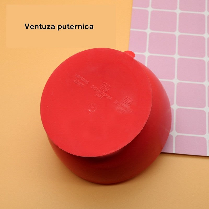 Set Diversificare Bebelusi, Bol cu Ventuza Puternica si Lingurita, Silicon Alimentar Fara BPA si Lemn, Termorezistent, 2 Piese, Rosu