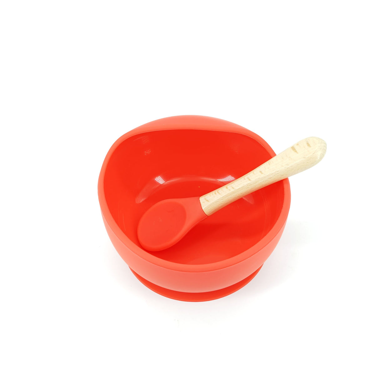 Set Diversificare Bebelusi, Bol cu Ventuza Puternica si Lingurita, Silicon Alimentar Fara BPA si Lemn, Termorezistent, 2 Piese, Rosu