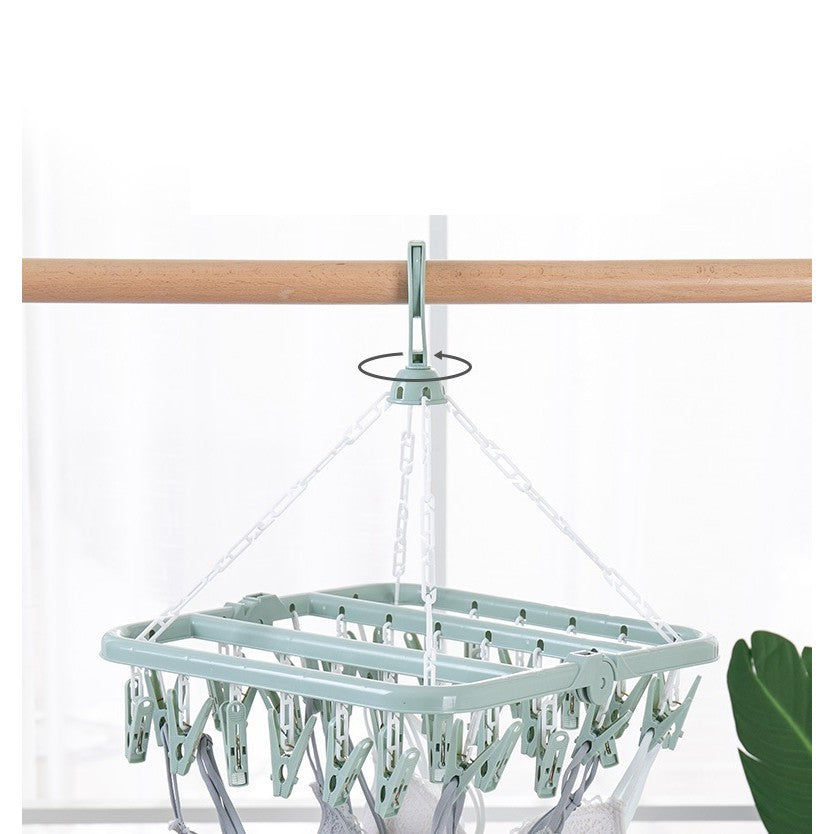 Uscator de Rufe Tip Carusel, Suport cu 32 de Cleme si Carlig Rezistent la Vant, Design Pliabil cu Rotire 360 Grade, Plastic Durabil, 32x32 cm, Verde