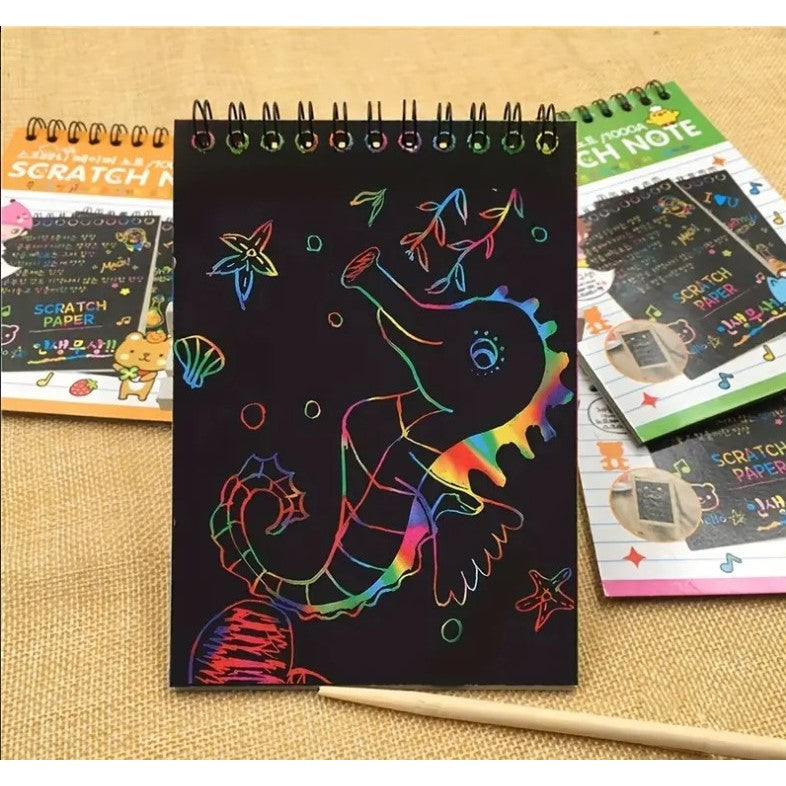 Caiet Razuibil DIY Magic Scratch, Planse de Desen Creative cu Efect Curcubeu si Creion din Lemn, Carton, 12 File, 14.5 x 10 cm, Portocaliu