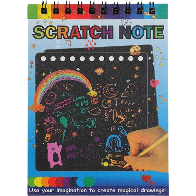 Caiet Magic Scratch cu Fise Razuibile, Efect Curcubeu DIY, Include Creion din Lemn, Carton Negru, 10 File, 14 x 10 cm, Albastru
