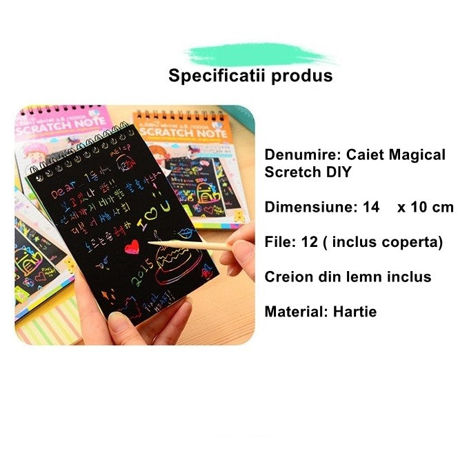 Caiet cu Fise Razuibile DIY Magic Scratch, Set Creativ cu Efect Curcubeu, Carton si Creion din Lemn, 12 File, 14 x 10 cm, Verde