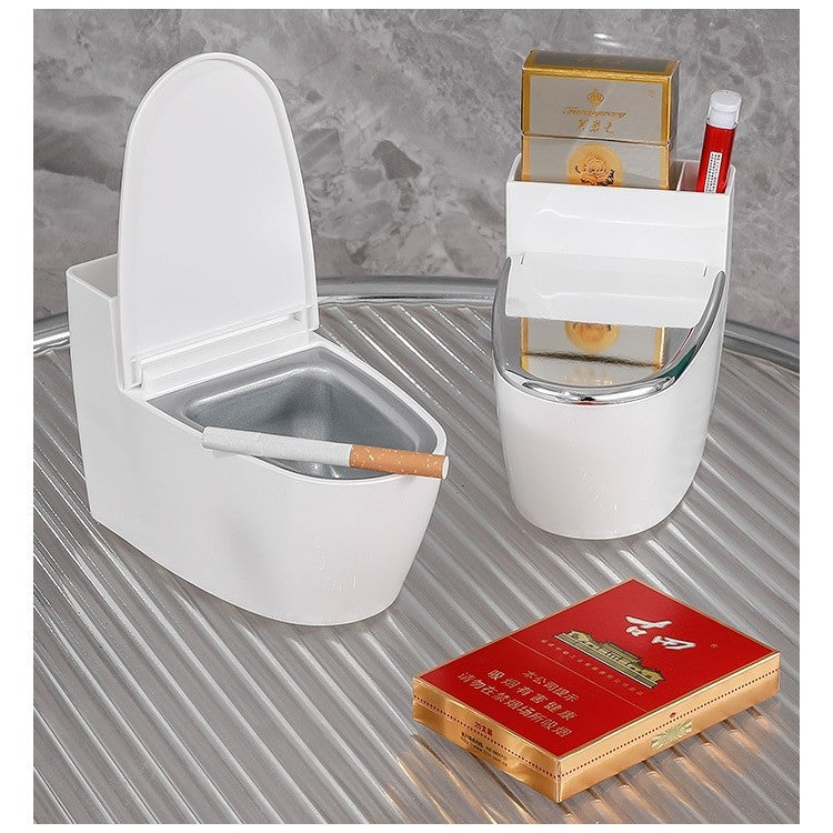 Scrumiera Creativa in Forma de Toaleta, Capac Elegant si Suport Detasabil, ABS si Otel Inoxidabil, Montare pe Perete sau Birou, 12.5 x 9.8 x 8.4 cm, Argintiu