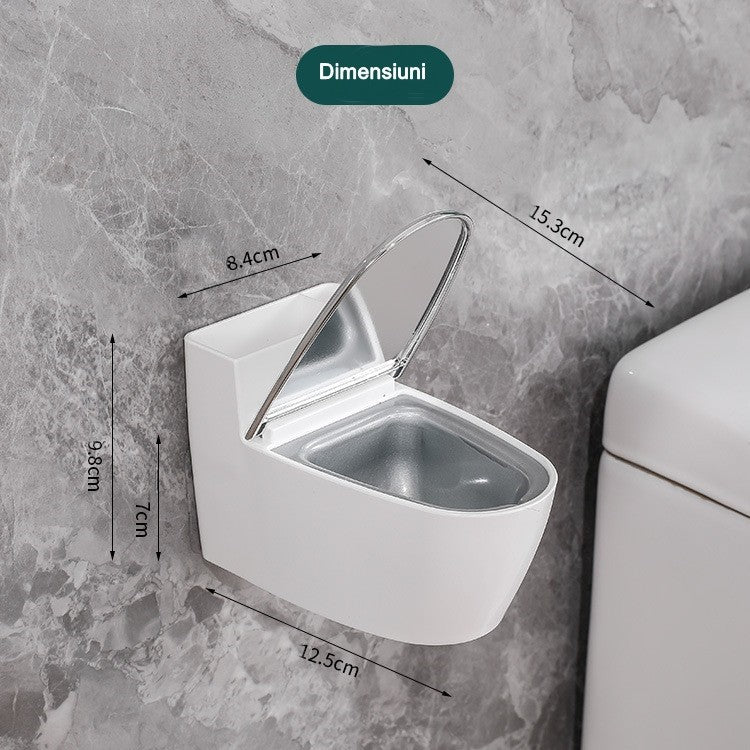 Scrumiera Creativa in Forma de Toaleta, Capac Elegant si Suport Detasabil, ABS si Otel Inoxidabil, Montare pe Perete sau Birou, 12.5 x 9.8 x 8.4 cm, Argintiu
