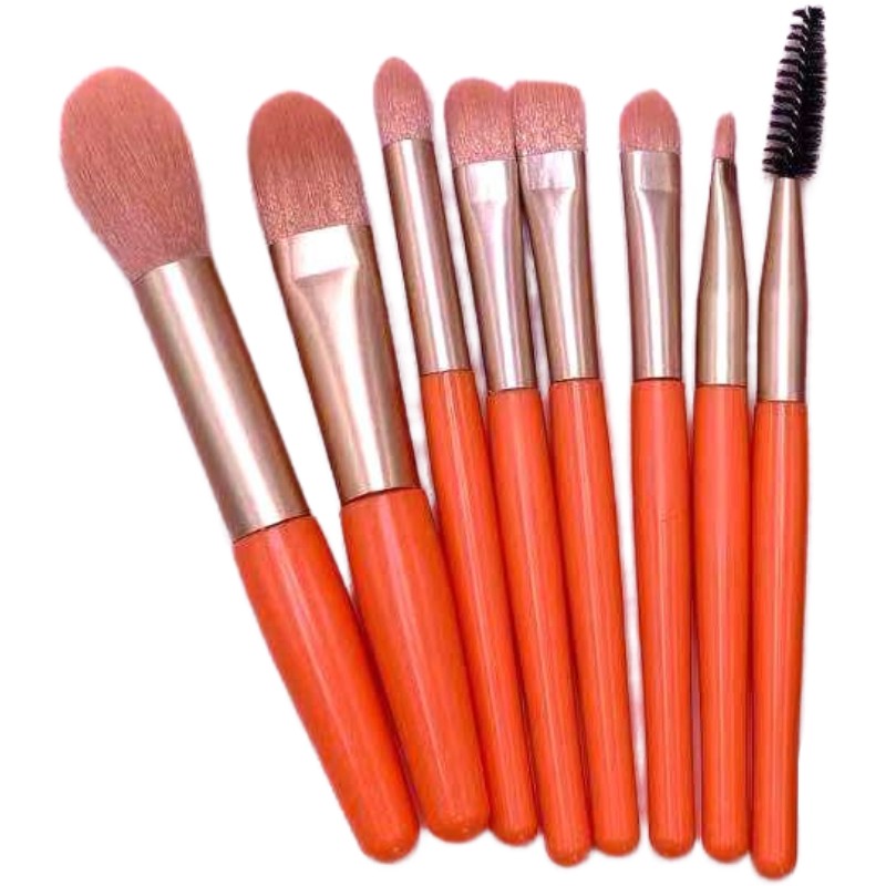 Set 8 Pensule Machiaj Profesionale Mini, Peri Sintetici Super Soft, Aplicare Fond de Ten si Fard de Pleoape, Maner Ergonomic, Husa Depozitare Inclusa, Portocaliu