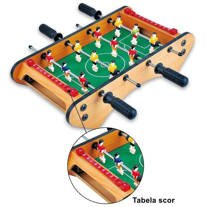 Masa de Fotbal de Masa Portabila, Mini Joc Foosball cu 12 Jucatori si 4 Manere Ergonomice, Tablou Scor, Lemn, Metal si ABS, 37.5 x 21 x 9.5 cm