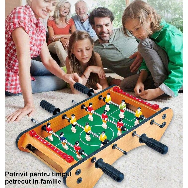 Masa de Fotbal de Masa Portabila, Mini Joc Foosball cu 12 Jucatori si 4 Manere Ergonomice, Tablou Scor, Lemn, Metal si ABS, 37.5 x 21 x 9.5 cm
