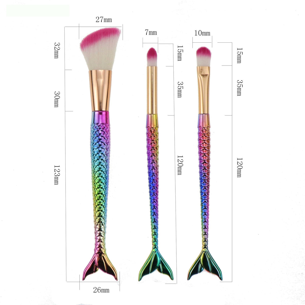 Set 3 Pensule Machiaj Tip Sirena, Aplicare Precisa cu Detalii Fine, Maner Ergonomic Electroplacat, Peri din Fibra Moale, Multicolor
