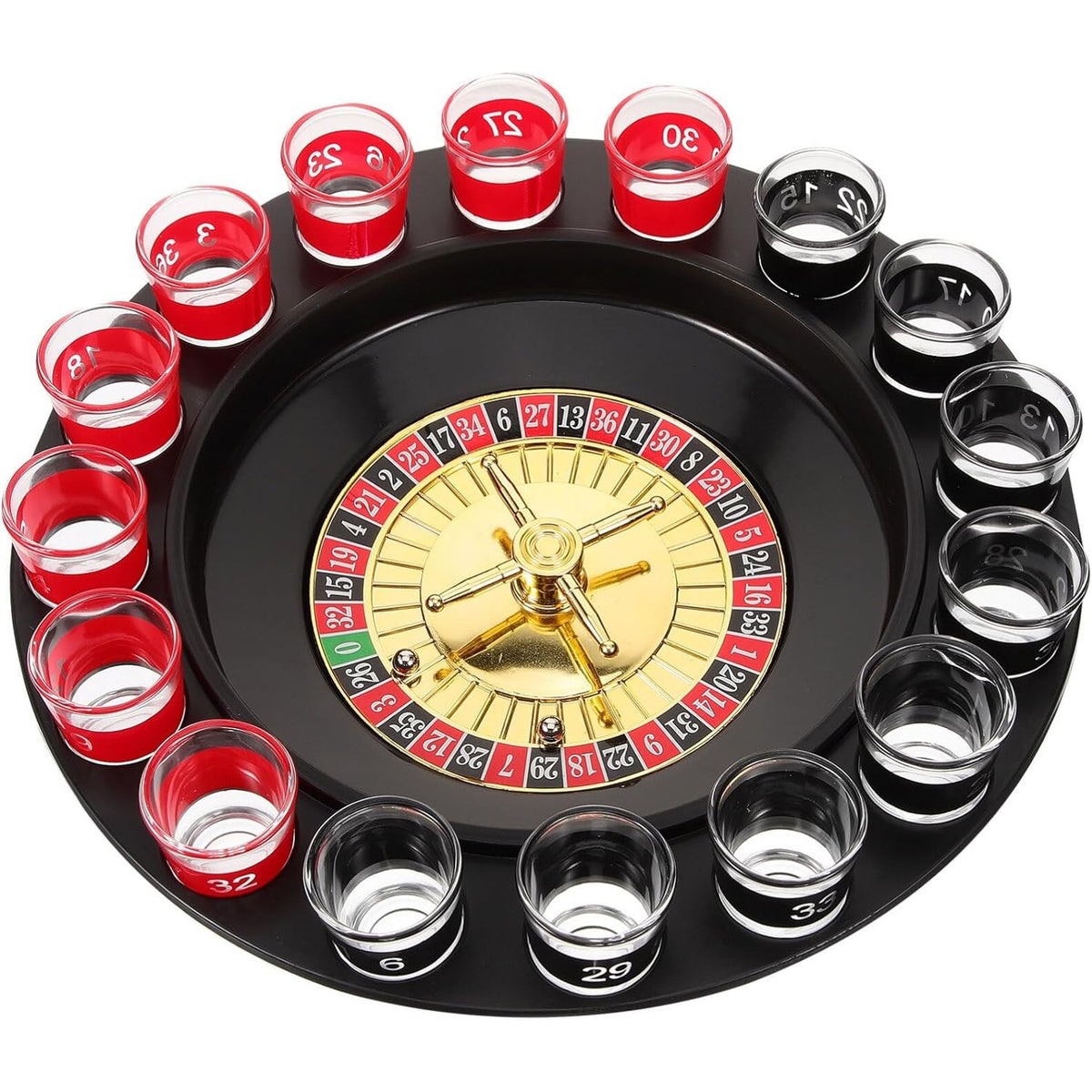 Lucky Shot Set Joc de Ruleta cu 16 Pahare de Shot si Plansa Blackjack, 60 Jetoane, Plastic si Sticla, 31 cm, Rosu-Negru