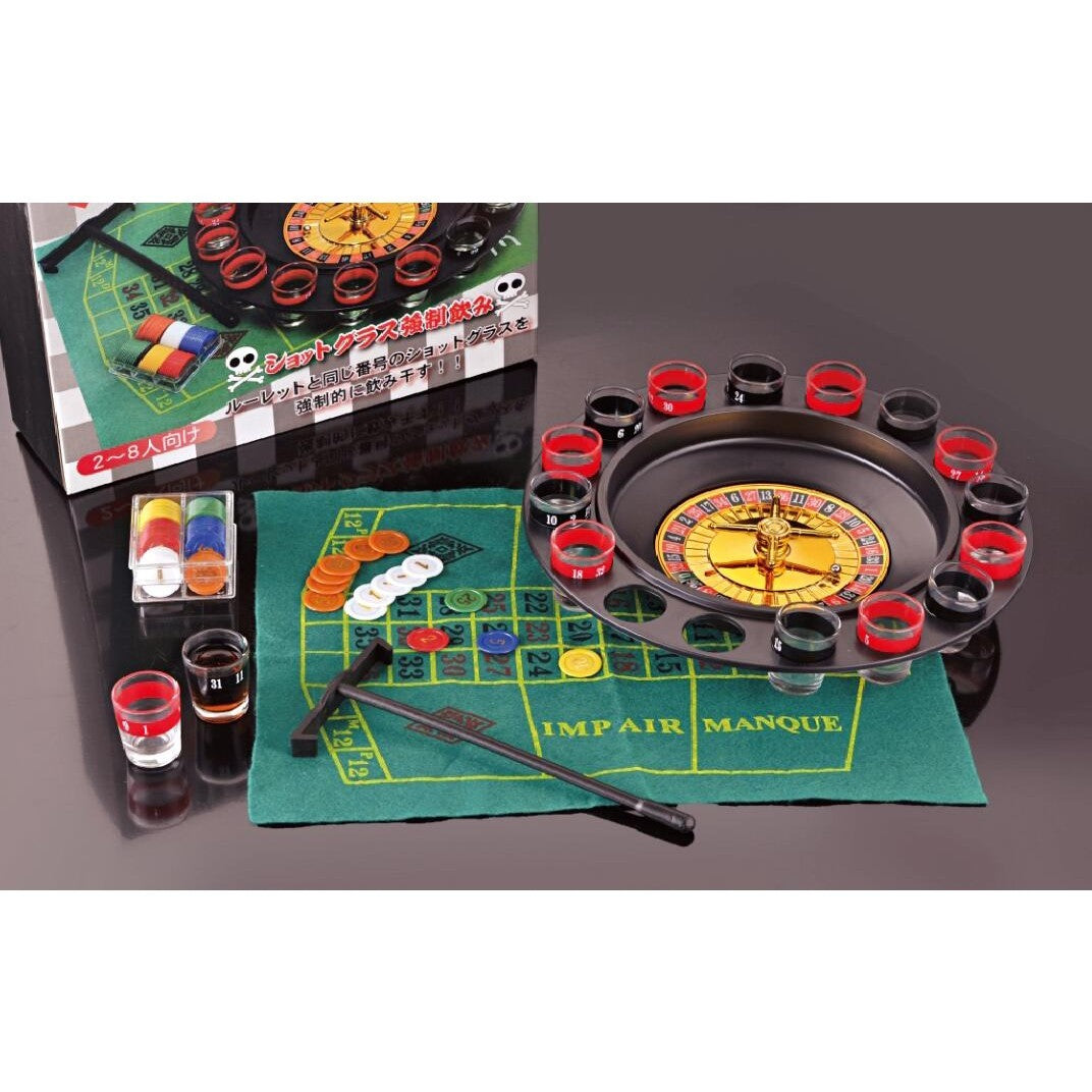 Lucky Shot Set Joc de Ruleta cu 16 Pahare de Shot si Plansa Blackjack, 60 Jetoane, Plastic si Sticla, 31 cm, Rosu-Negru
