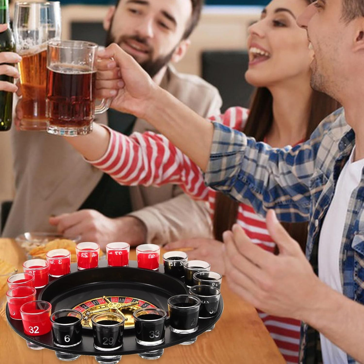 Lucky Shot Set Joc de Ruleta cu 16 Pahare de Shot si Plansa Blackjack, 60 Jetoane, Plastic si Sticla, 31 cm, Rosu-Negru