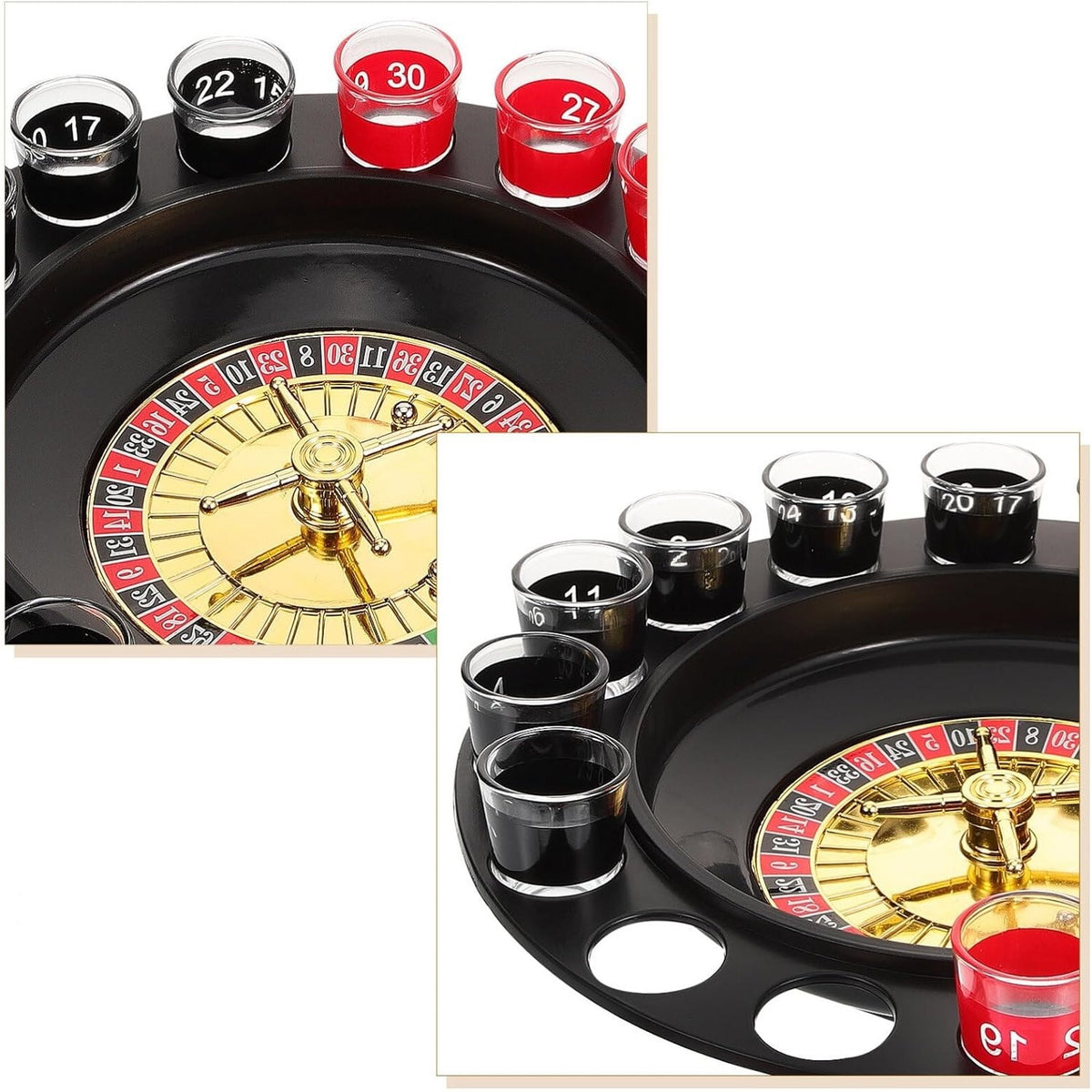 Lucky Shot Set Joc de Ruleta cu 16 Pahare de Shot si Plansa Blackjack, 60 Jetoane, Plastic si Sticla, 31 cm, Rosu-Negru