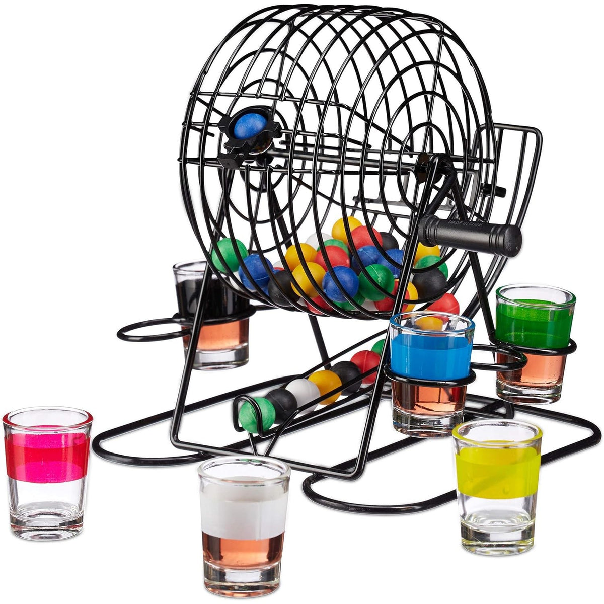 Joc Bingo Mini Loterie cu Pahare de Shot, Set pentru Petrecere, Sticla si Metal, 48 Bile Colorate, 20 x 20 x 19 cm, Negru