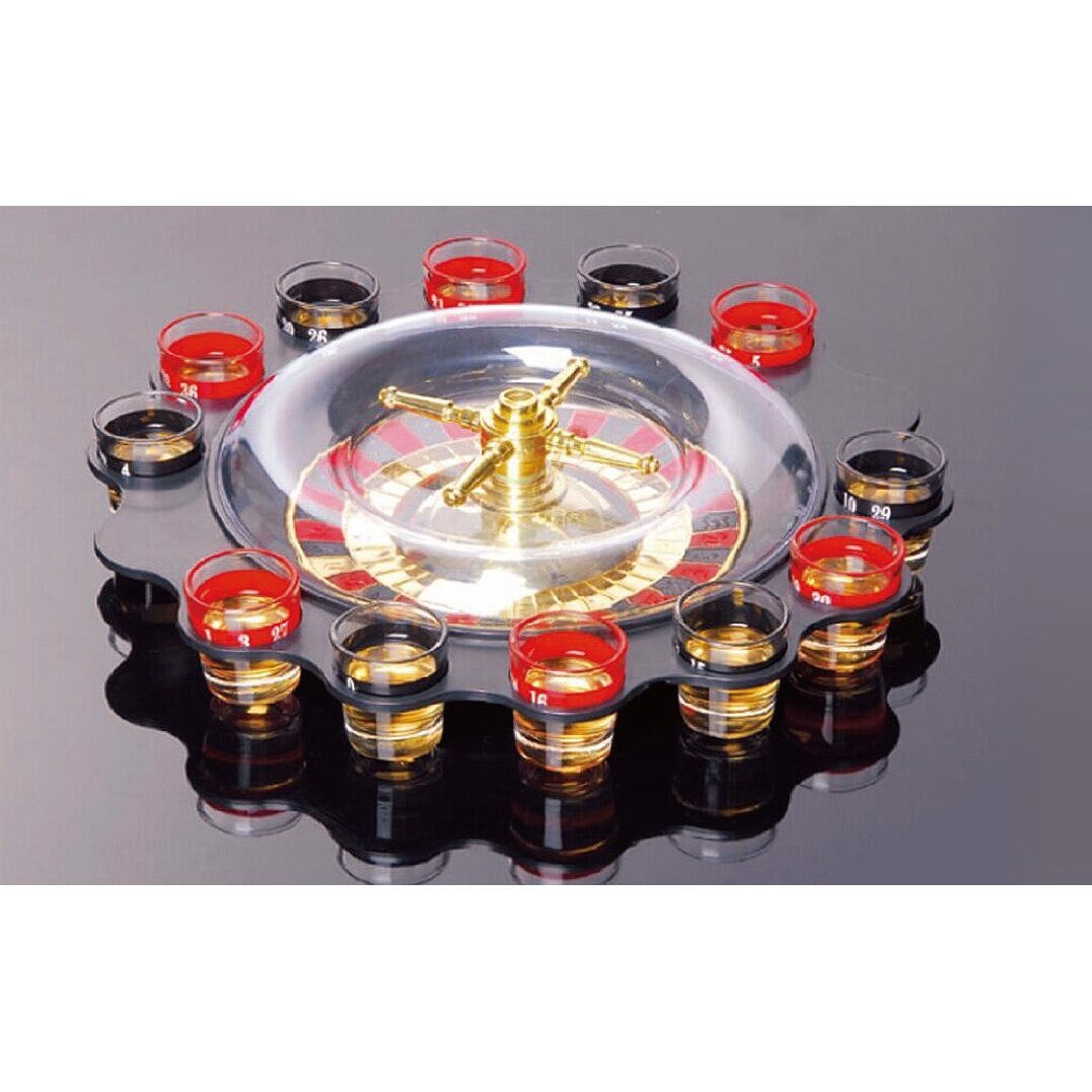 Joc de Baut Ruleta cu 16 Pahare de Shot din Sticla si 2 Bile Metalice, Accesorii Petrecere Adulti, 30 x 30 x 5.5 cm, Rosu/Negru