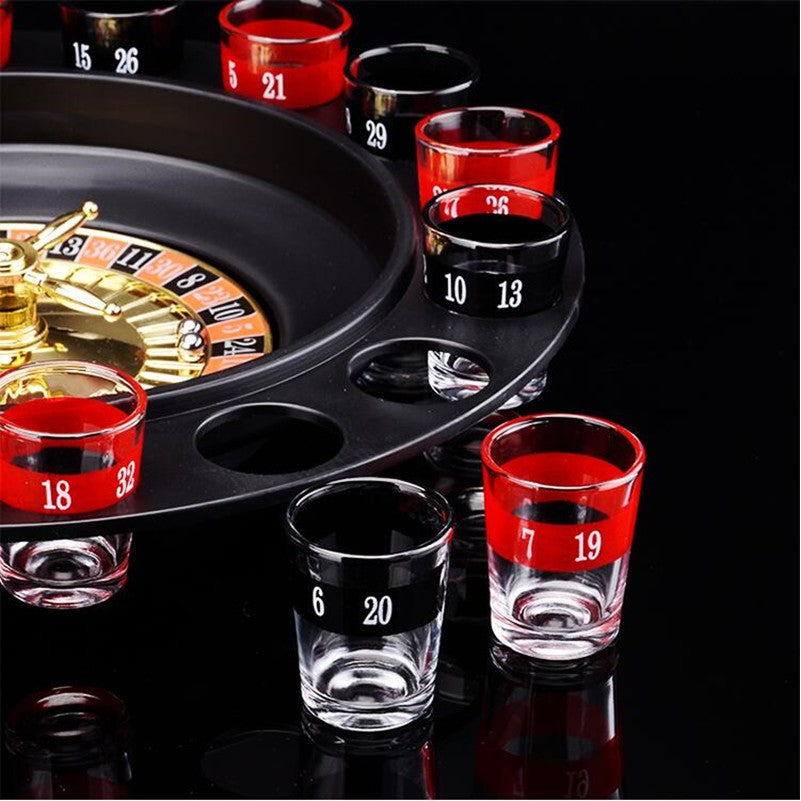 Joc de Baut Ruleta cu 16 Pahare de Shot din Sticla si 2 Bile Metalice, Accesorii Petrecere Adulti, 30 x 30 x 5.5 cm, Rosu/Negru