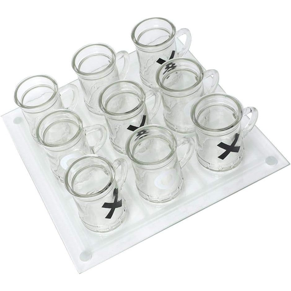 Joc X si O pentru Petreceri, Tablă de Joc cu 9 Mini Halbe, Design Elegant din Sticlă și Oglindă, 25 x 25 cm, Transparent