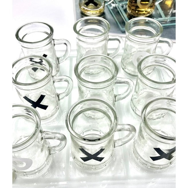 Joc X si O pentru Petreceri, Tablă de Joc cu 9 Mini Halbe, Design Elegant din Sticlă și Oglindă, 25 x 25 cm, Transparent