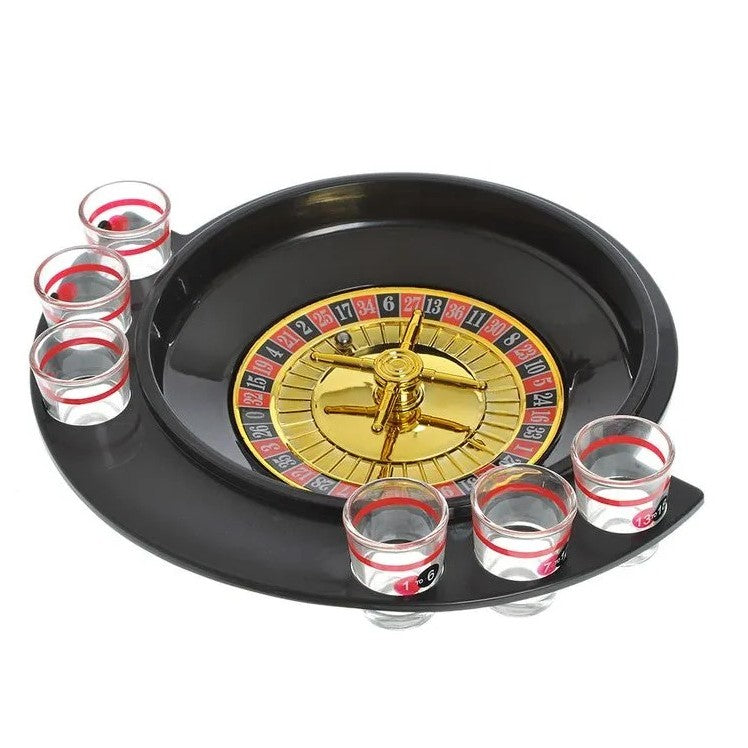 Joc De Baut Tip Ruleta Pentru Petreceri, Include 6 Pahare Shot Din Sticla, Design Compact Portabil, Plastic Si Sticla, 30 x 26.5 x 6.5 cm, Rosu/Negru