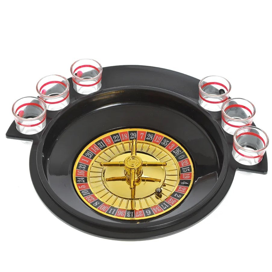 Joc De Baut Tip Ruleta Pentru Petreceri, Include 6 Pahare Shot Din Sticla, Design Compact Portabil, Plastic Si Sticla, 30 x 26.5 x 6.5 cm, Rosu/Negru