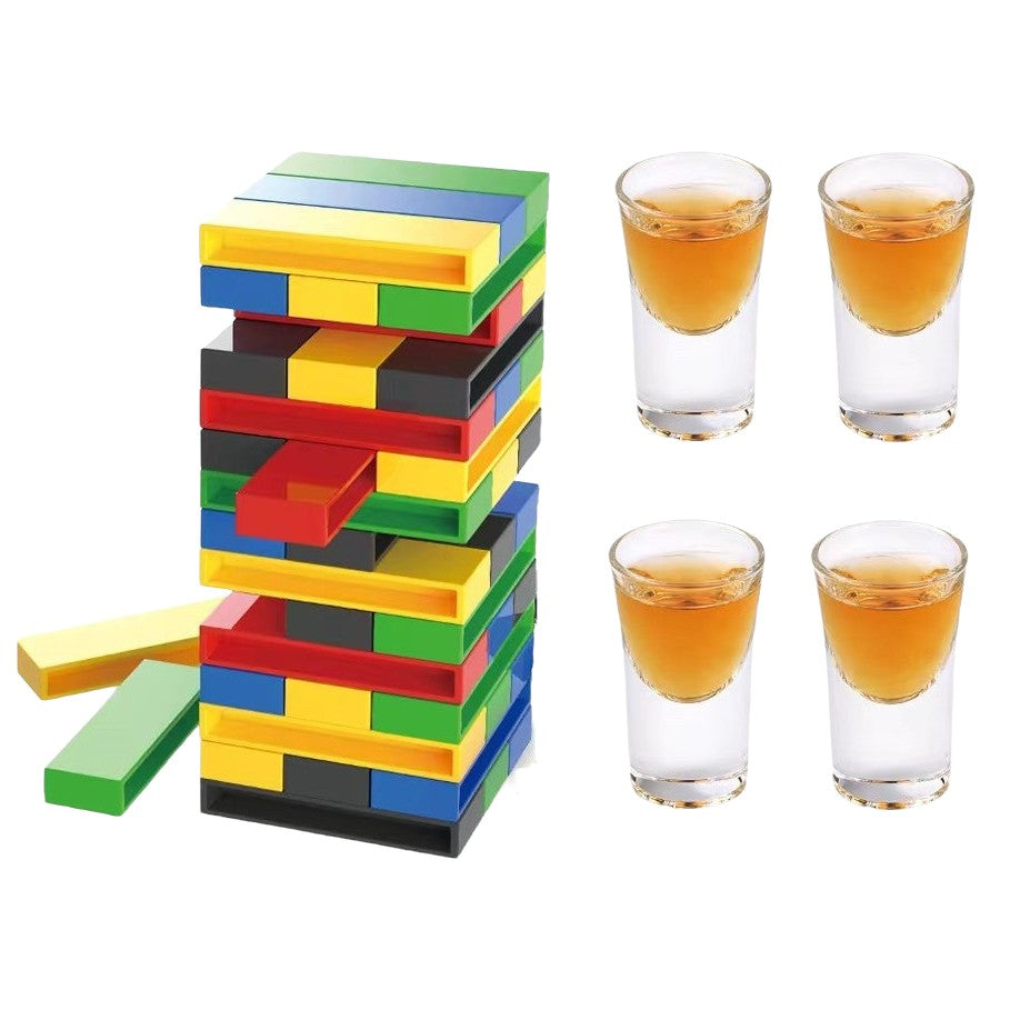 Joc de Baut Jenga Shot, Turn cu Provocari si Misiuni pentru Adulti, Plastic, Include 4 Pahare de Shot, Multicolor, +18 Ani