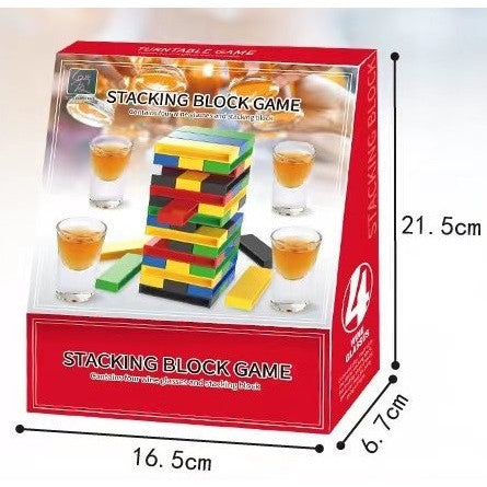 Joc de Baut Jenga Shot, Turn cu Provocari si Misiuni pentru Adulti, Plastic, Include 4 Pahare de Shot, Multicolor, +18 Ani
