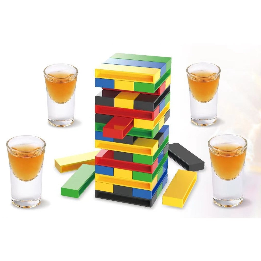 Joc de Baut Jenga Shot, Turn cu Provocari si Misiuni pentru Adulti, Plastic, Include 4 Pahare de Shot, Multicolor, +18 Ani