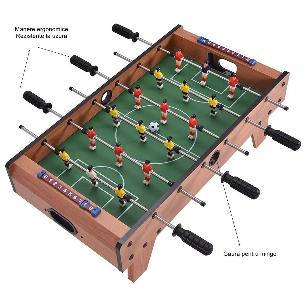 Masa de Fotbal de Interior, 18 Jucatori si 6 Manere Ergonomice, Tablou de Scor Inclus, Structura din Metal, Lemn si ABS, 69 x 36.5 x 23 cm