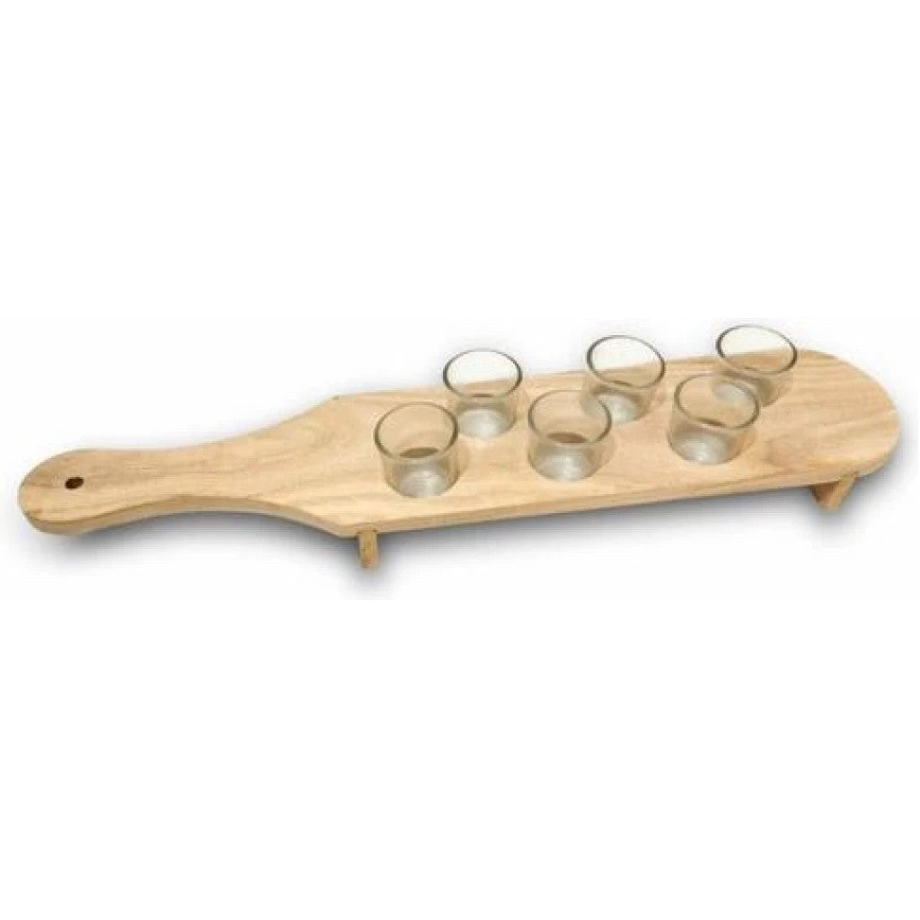 Set 6 Pahare Shot din Sticla cu Suport din Lemn, Design Rustic pentru Servire si Prezentare, 41 x 8.5 x 6 cm, Maro
