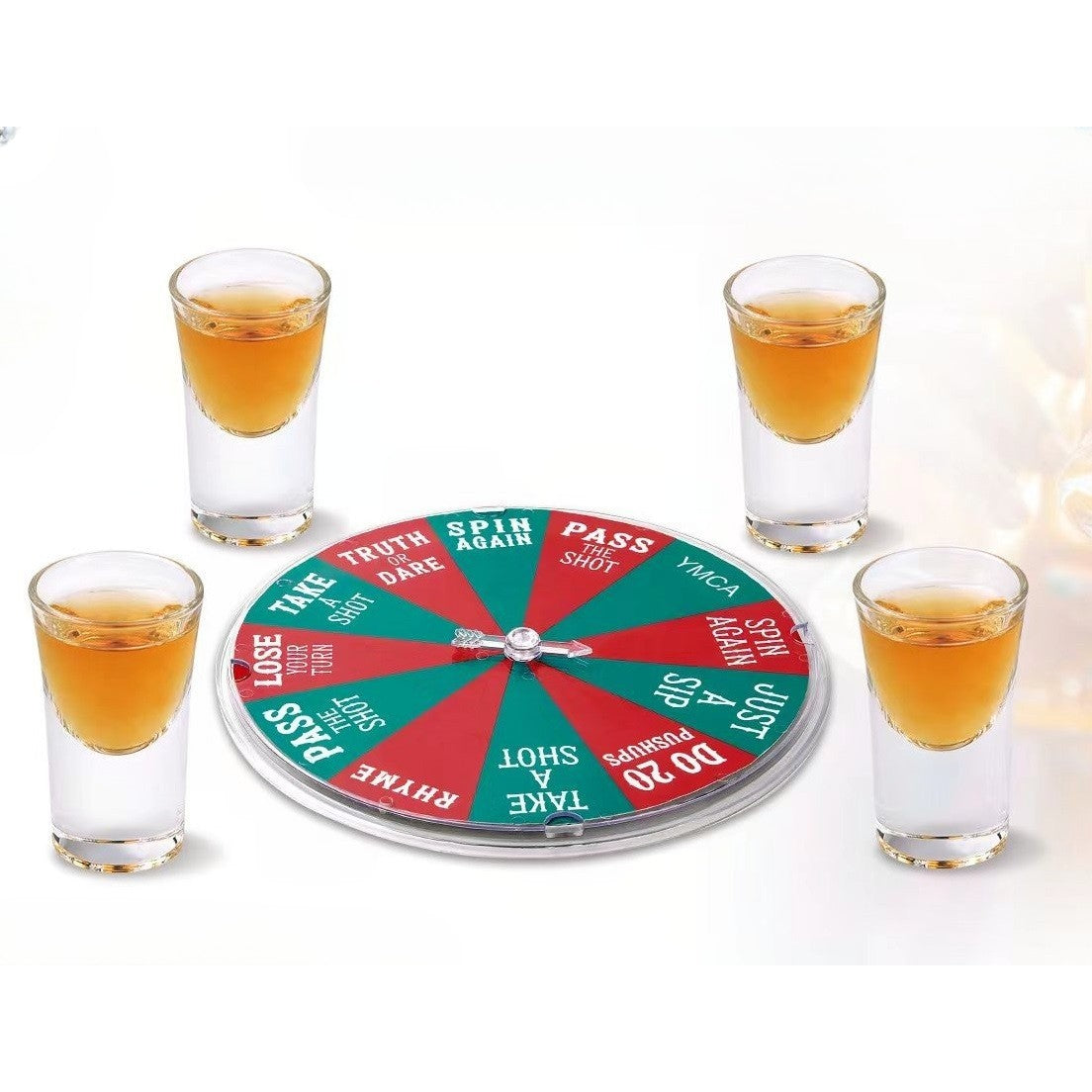 Joc De Baut Ruleta Norocoasa Cu 4 Pahare Shot Incluse, Joc De Petrecere Pentru Adulti +18 Ani, Plastic Si Sticla, Rosu/Verde