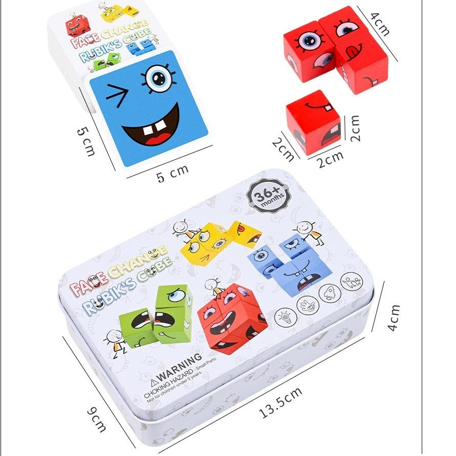 Joc Montessori Educativ Cuburi Schimbare Fete, Puzzle din Lemn cu Expresii Faciale, Dezvoltare Abilitati Motorii, Include 16 Blocuri si 64 de Carduri, Varsta +3 Ani