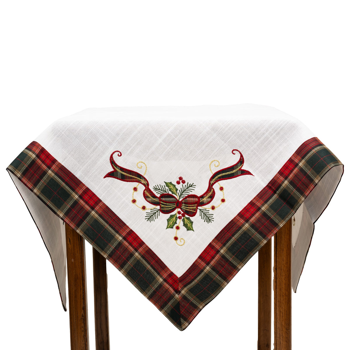 Fata de Masa Craciun, Material Textil Brodat, Model Festive cu Fundite, Design Elegant de Sarbatori, Patrata, Alba, 85x85 cm