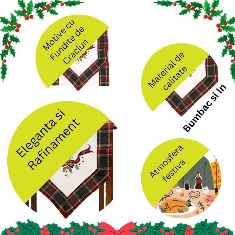 Fata de Masa Festiva tip Runner, Material In Brodat cu Motive Fundita de Craciun, Design Elegant pentru Sarbatori, Alb, 180 x 40 cm